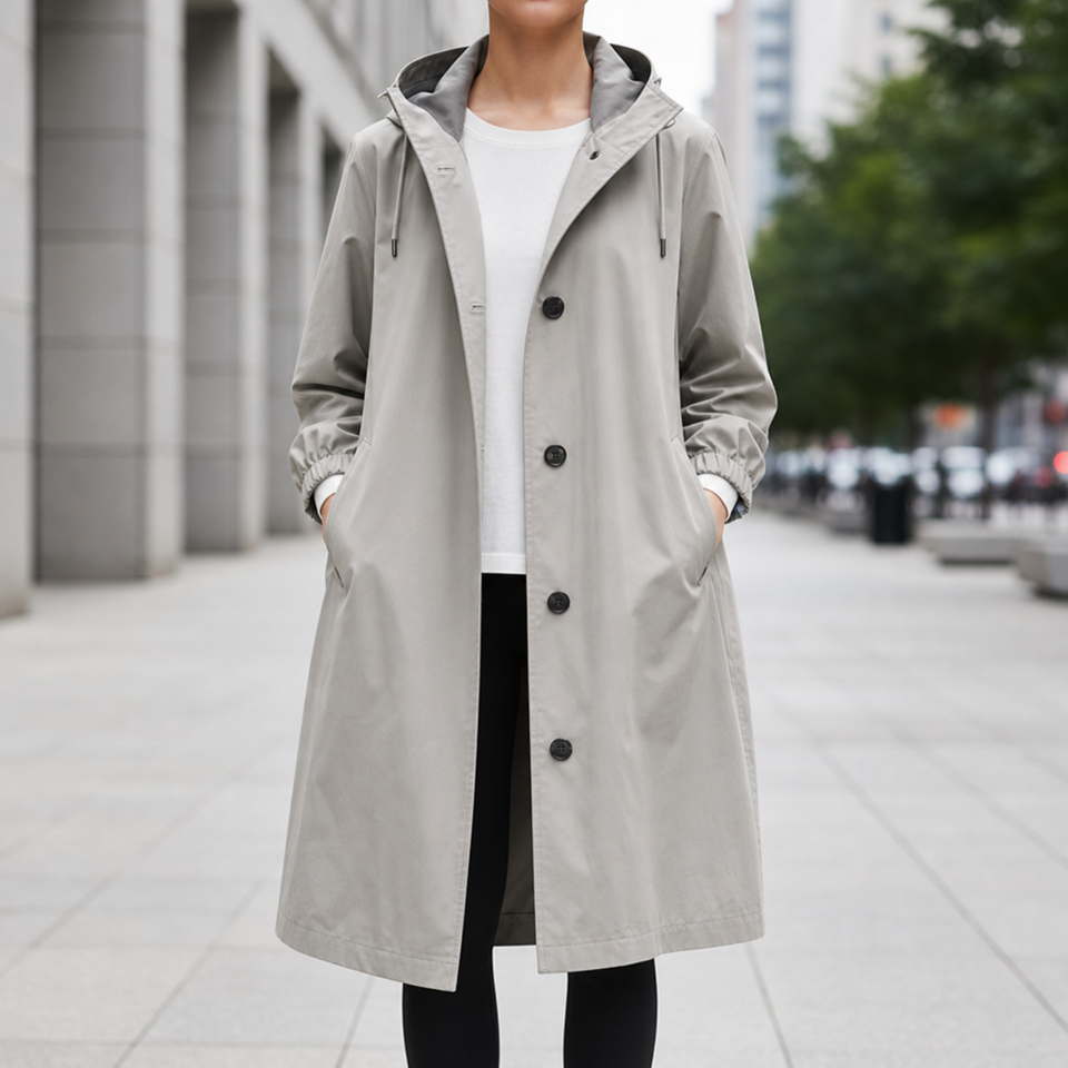 Frigiliana Hooded Longline Trench Coat in Light Gray