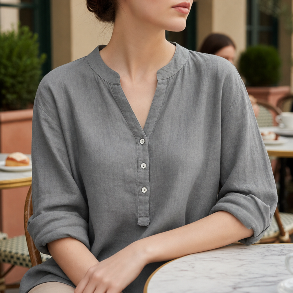 Paphos Linen Button-Up Tunic in Light Gray