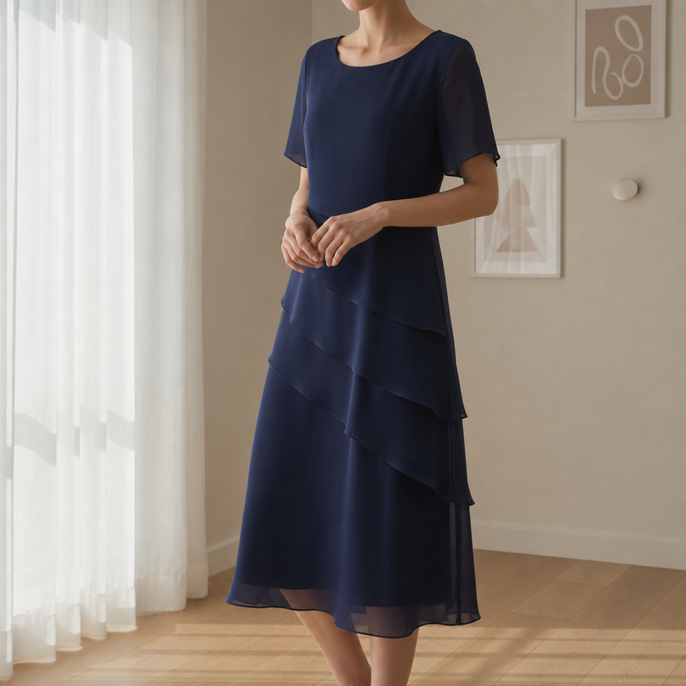 Mantova Tiered Chiffon Midi Dress in Navy Blue