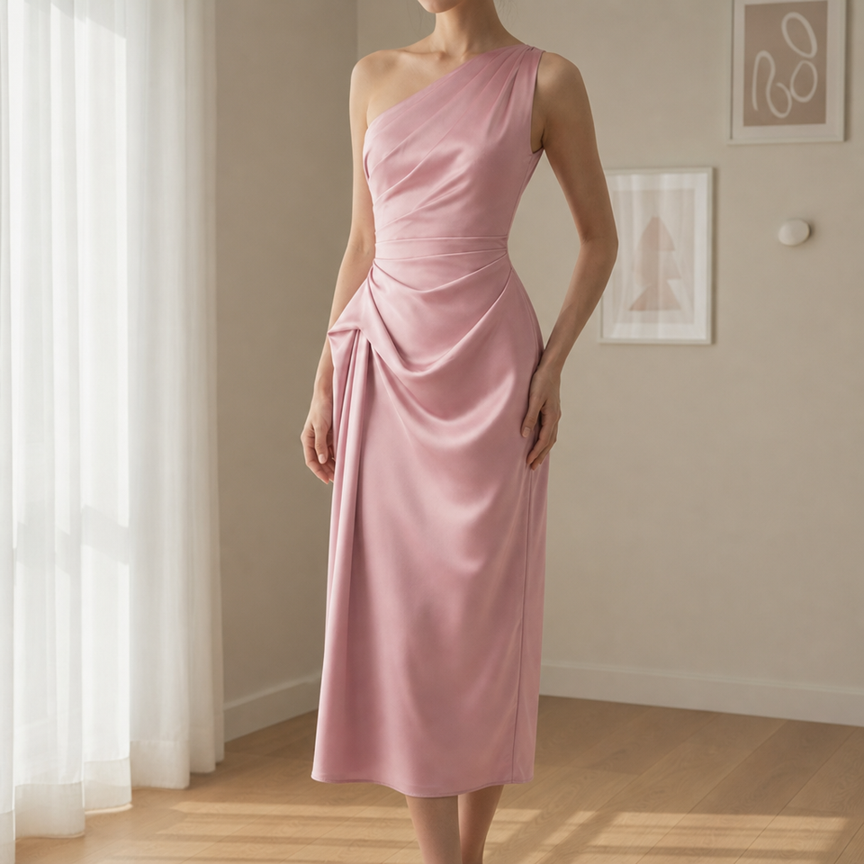 Narbonne Draped Satin Midi Dress in Pink