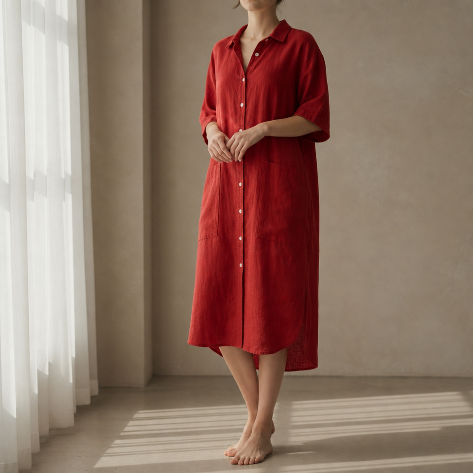 Segovia Linen Button-Up Shirt Dress in Red