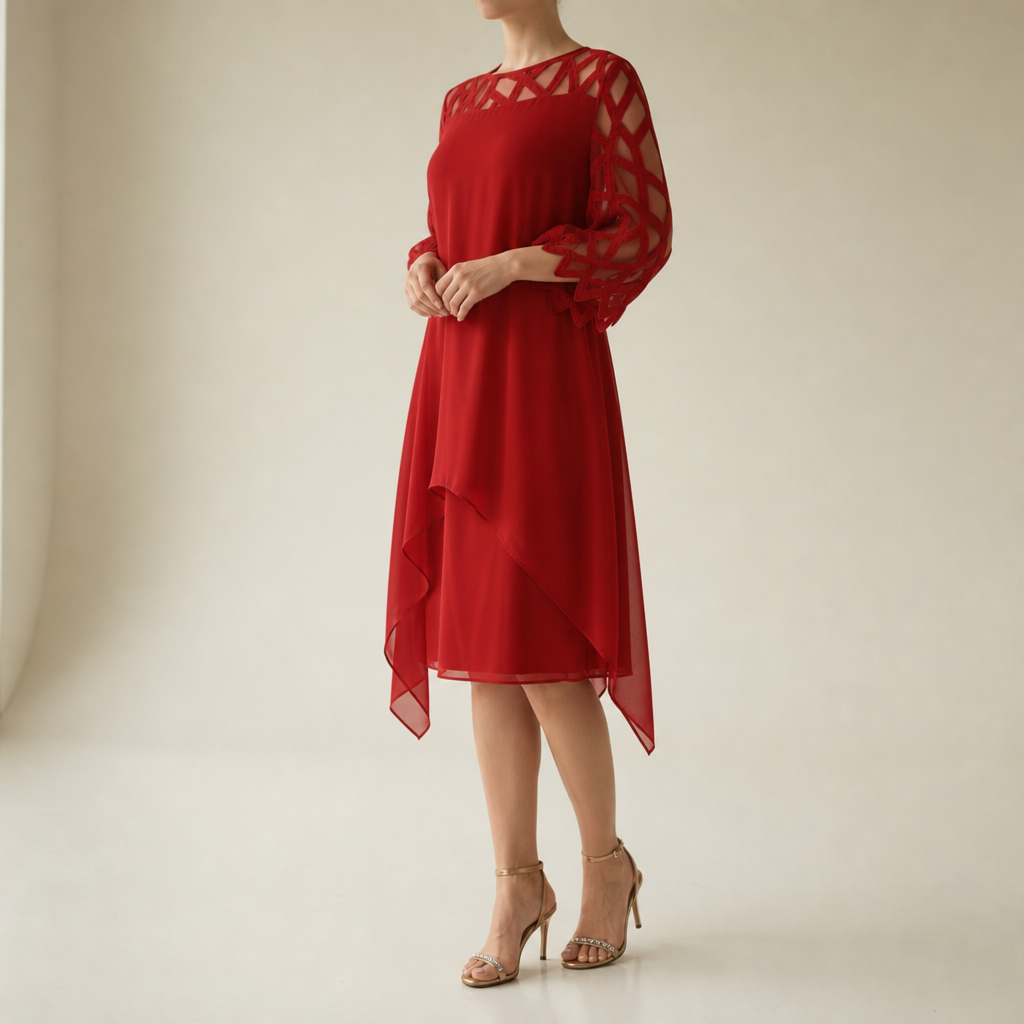 Cavtat Lace Sleeve Chiffon Dress in Red