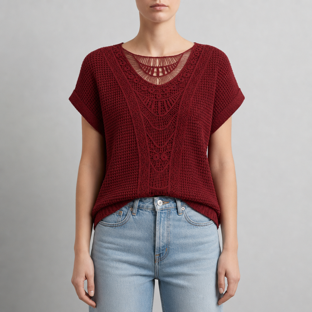 Ajaccio Crochet Lace Knit Blouse in Red