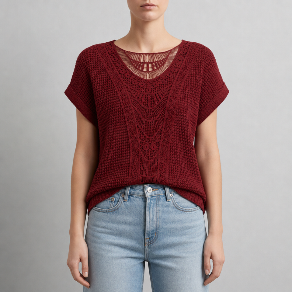 Ajaccio Crochet Lace Knit Blouse in Red