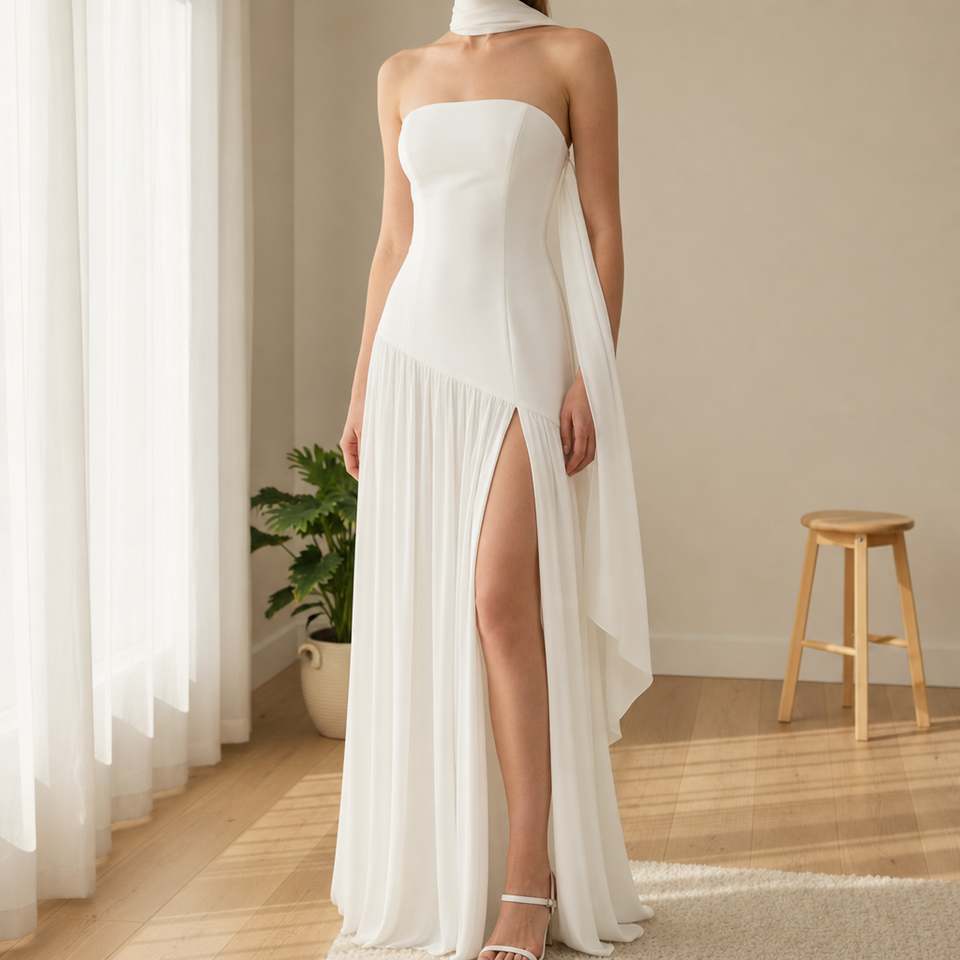 Formentor Strapless Slit Maxi Dress in White