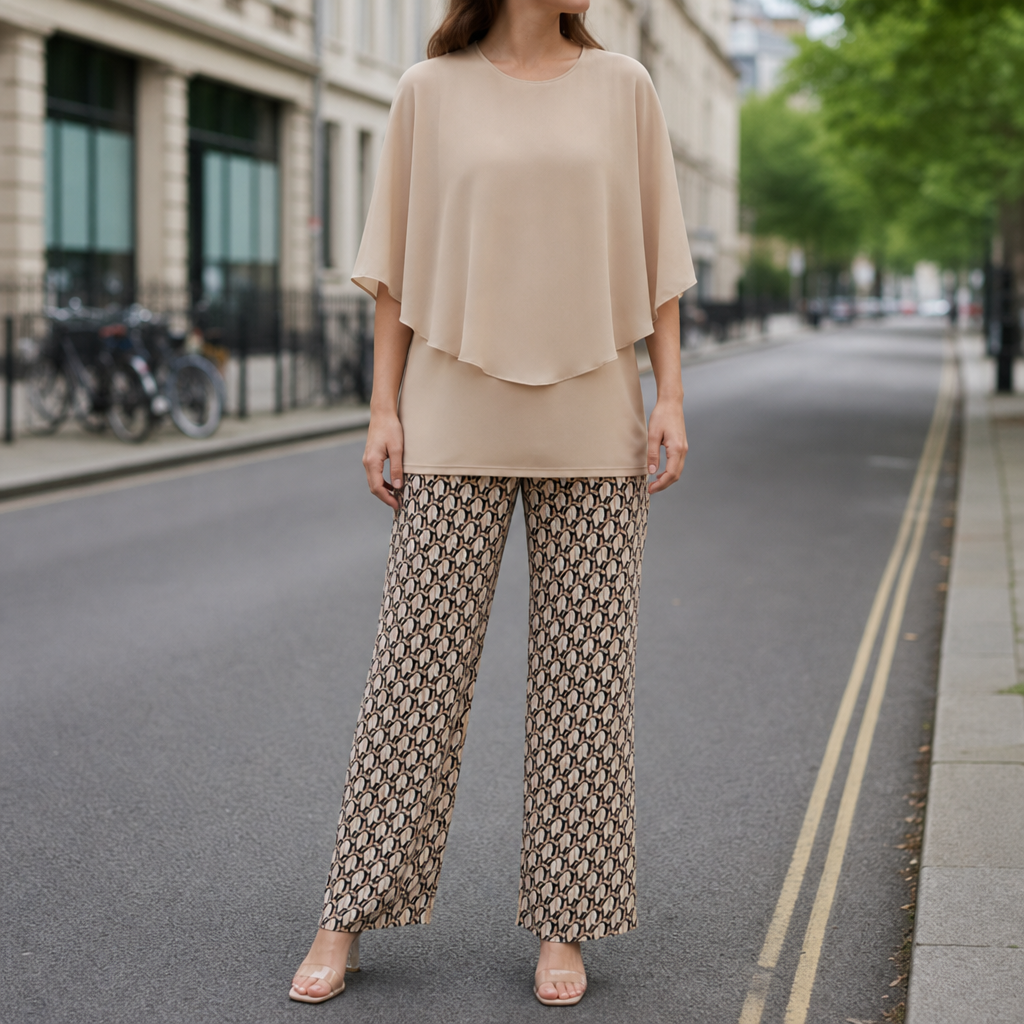 Biot Floral Chiffon Two-Piece Set in Beige Cream