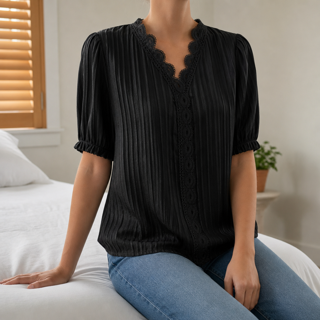 Poros Lace Trim Puff Sleeve Blouse in Black