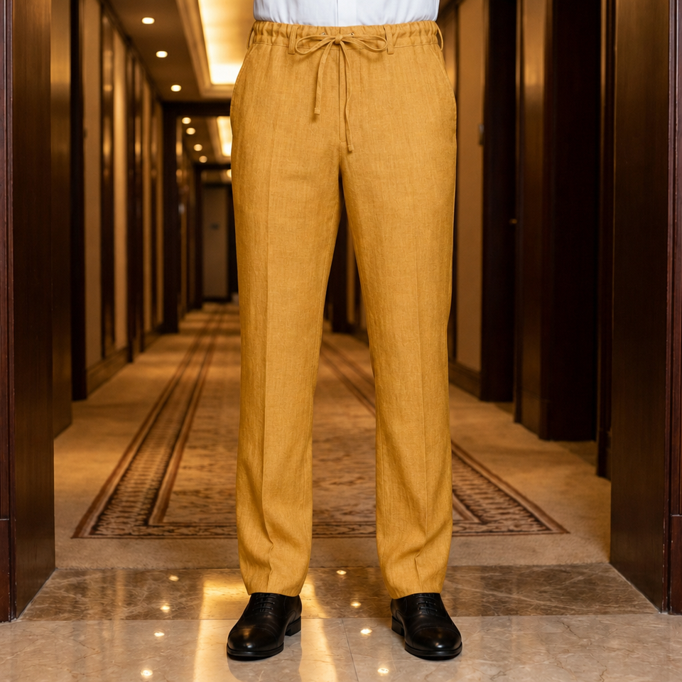 Valletta Straight Leg Linen Trousers in Mustard Yellow