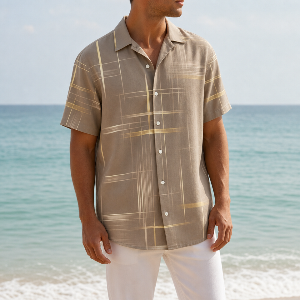 Bandol Geometric Plaid Button Shirt in Khaki