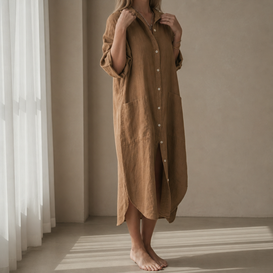 Segovia Linen Button-Up Shirt Dress in Khaki