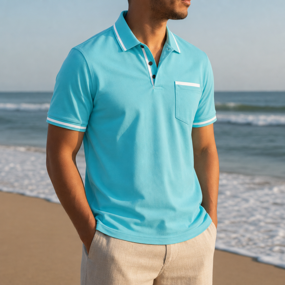 Nimes Striped Trim Polo Shirt in Lake Blue