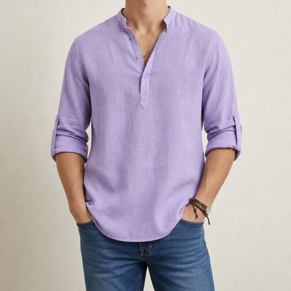 Apt Relaxed Linen Henley Shirt in Light Purple