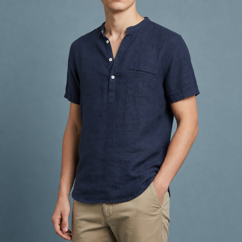 Anzio Linen Henley Shirt in Navy Blue