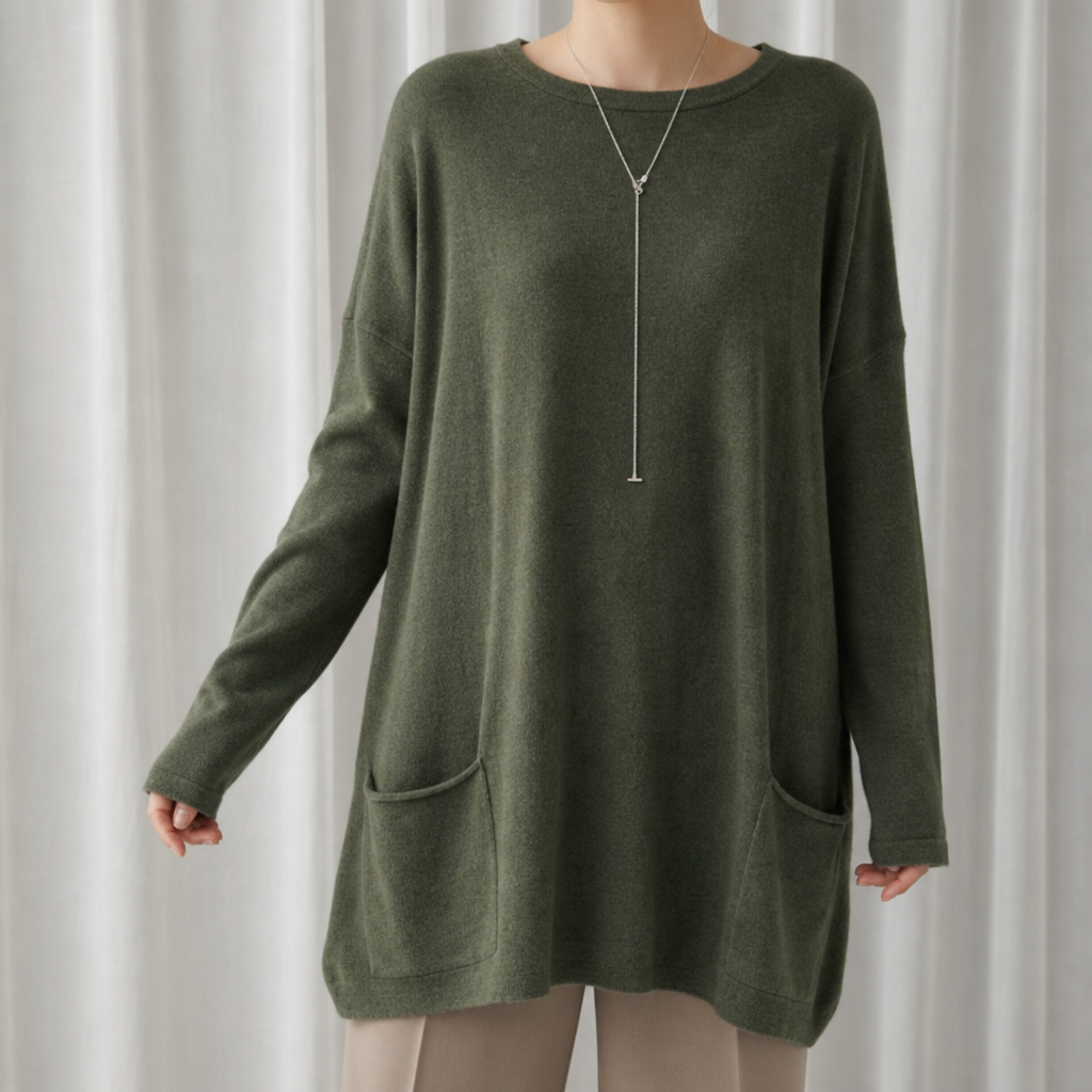 Monsaraz Relaxed Pocket Tunic Sweater in Olive Green