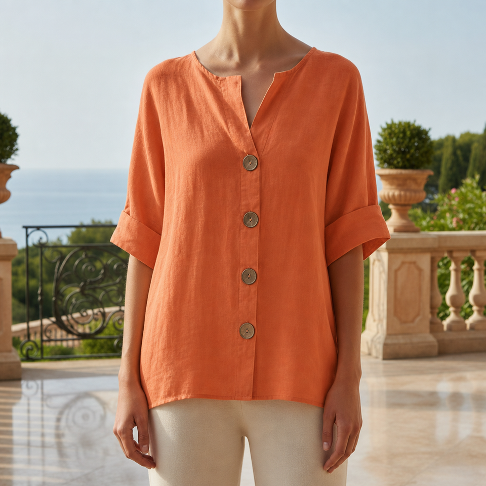 Tarifa Linen Button-Up Blouse in Orange