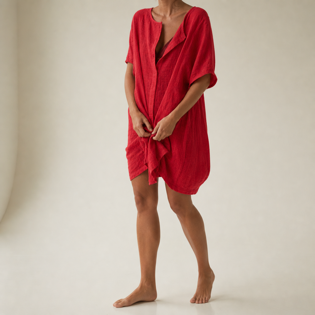 Ubeda Linen Tunic Shirt Dress in Red
