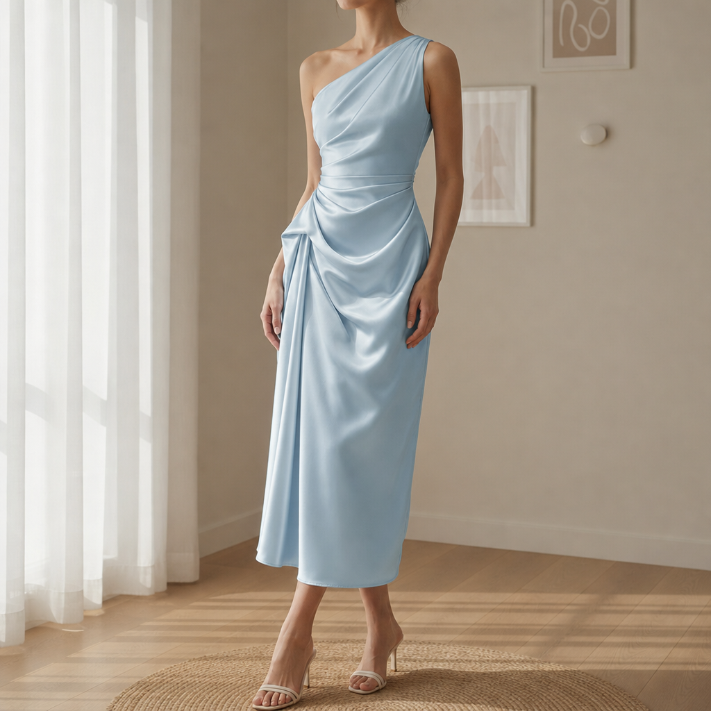 Narbonne Draped Satin Midi Dress in Sky Blue