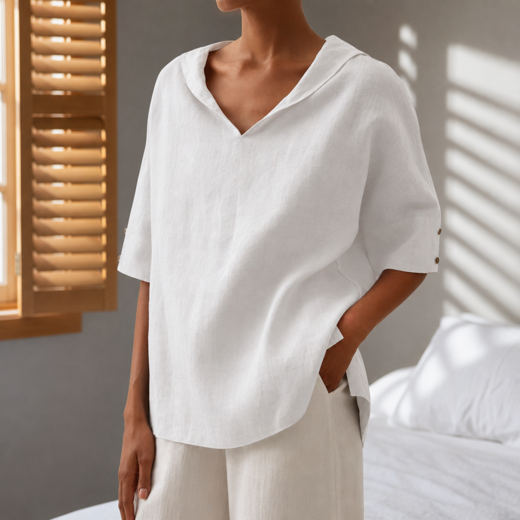 Camogli Linen V-Neck Blouse in White