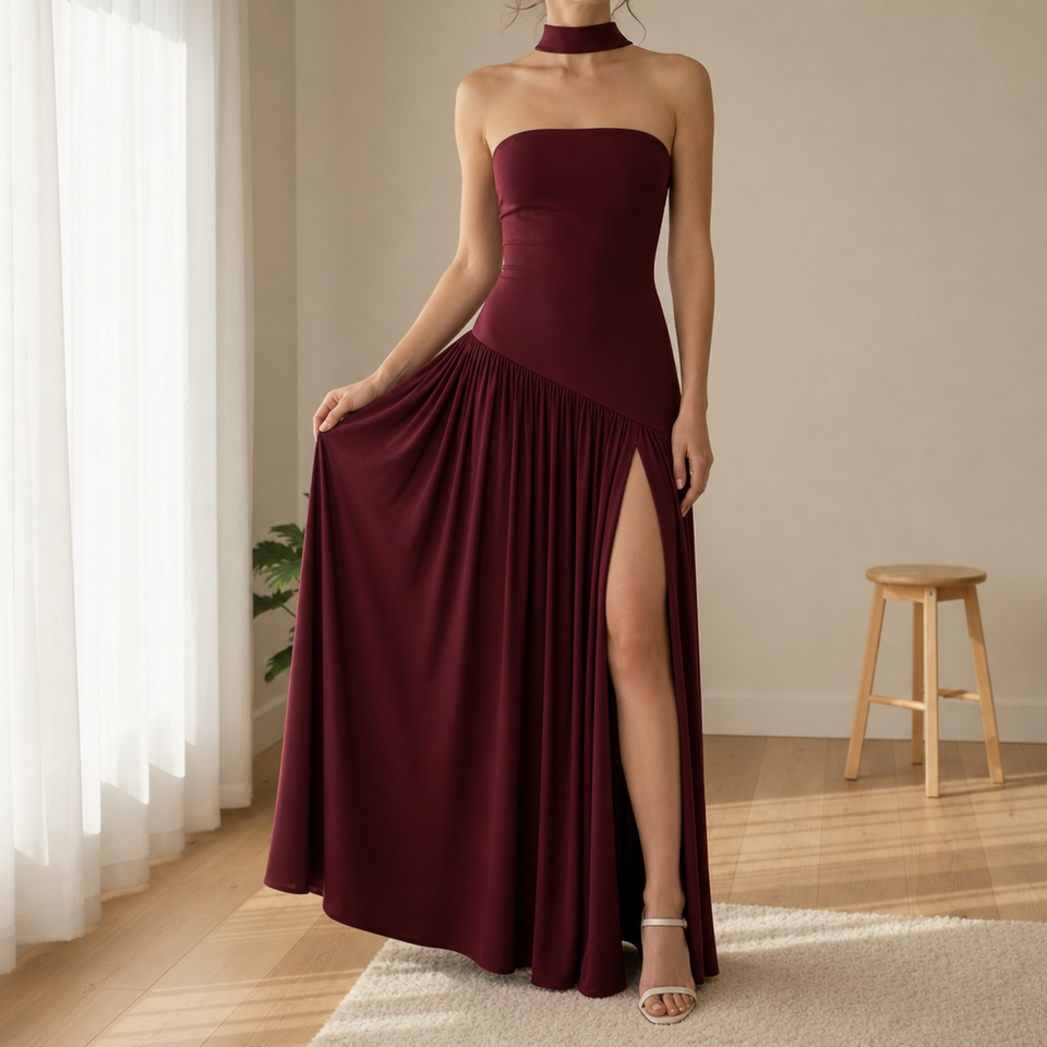 Formentor Strapless Slit Maxi Dress in Wine Red