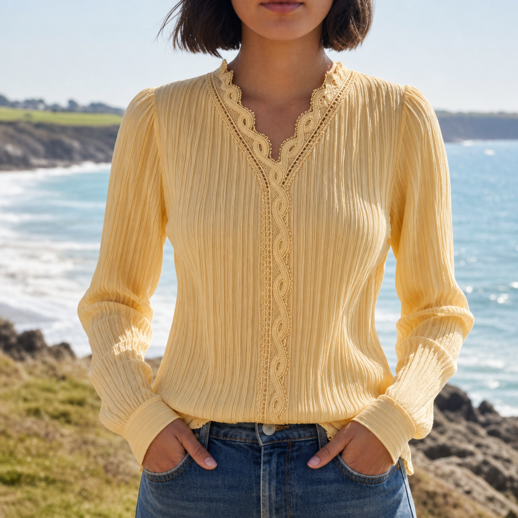 Mljet Lace Trim V-Neck Blouse in Yellow