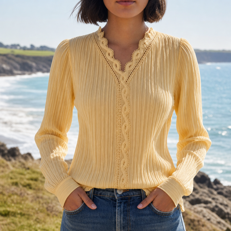 Mljet Lace Trim V-Neck Blouse in Yellow