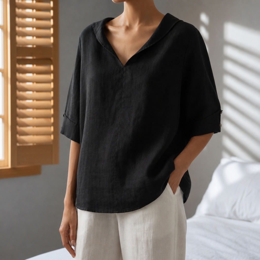 Camogli Linen V-Neck Blouse in Black