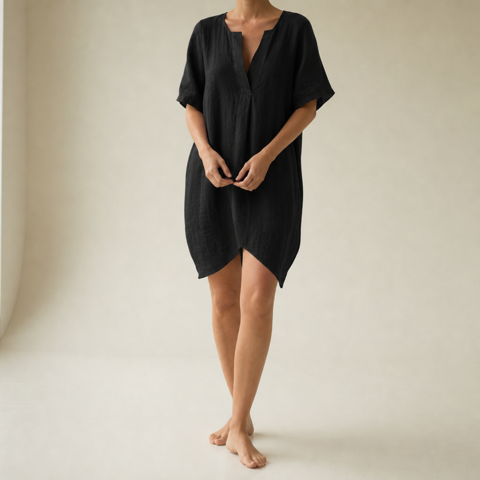 Ubeda Linen Tunic Shirt Dress in Black