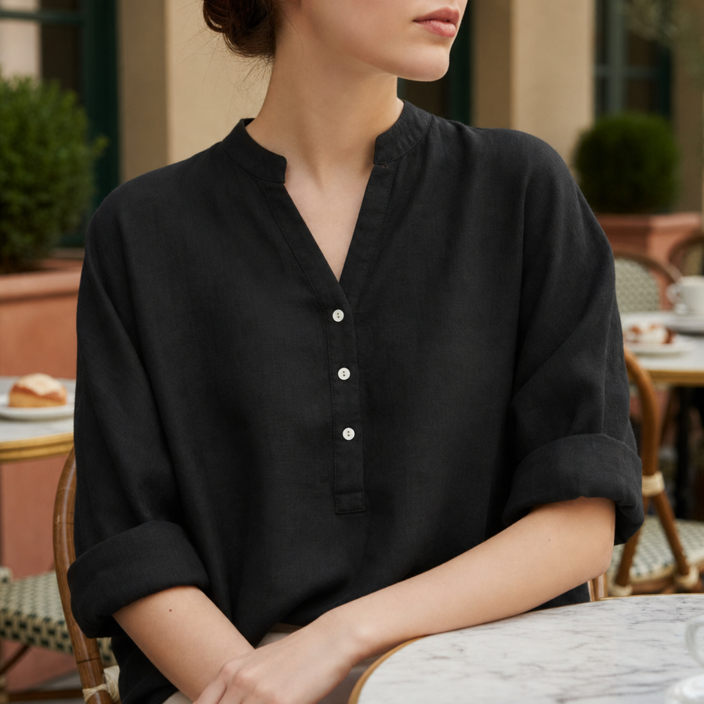 Paphos Linen Button-Up Tunic in Black
