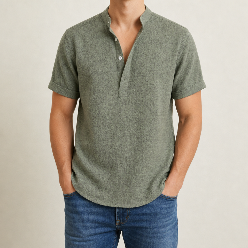 Kythnos Linen Henley Shirt in Olive Green