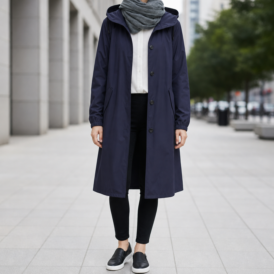 Frigiliana Hooded Longline Trench Coat in Navy Blue