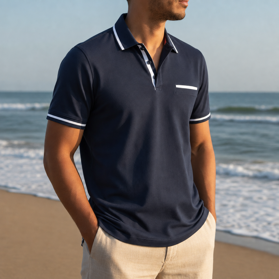 Nimes Striped Trim Polo Shirt in Navy