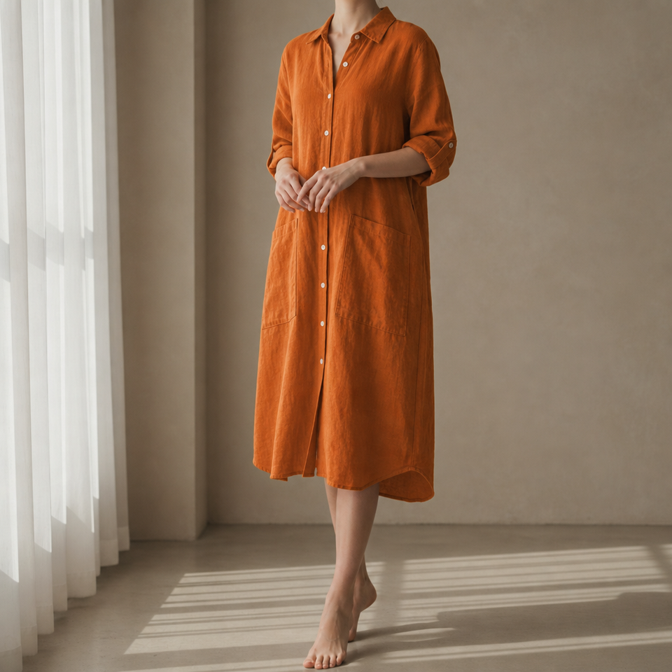 Segovia Linen Button-Up Shirt Dress in Orange