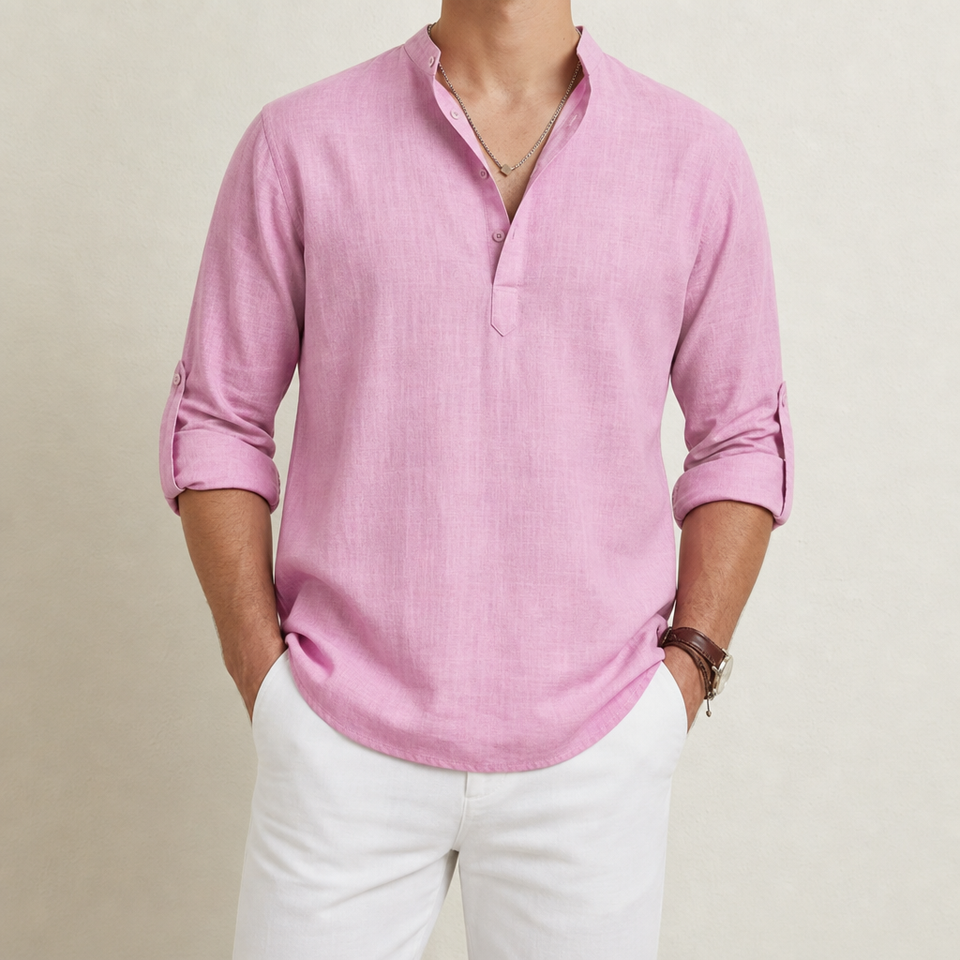 Apt Relaxed Linen Henley Shirt in Pink