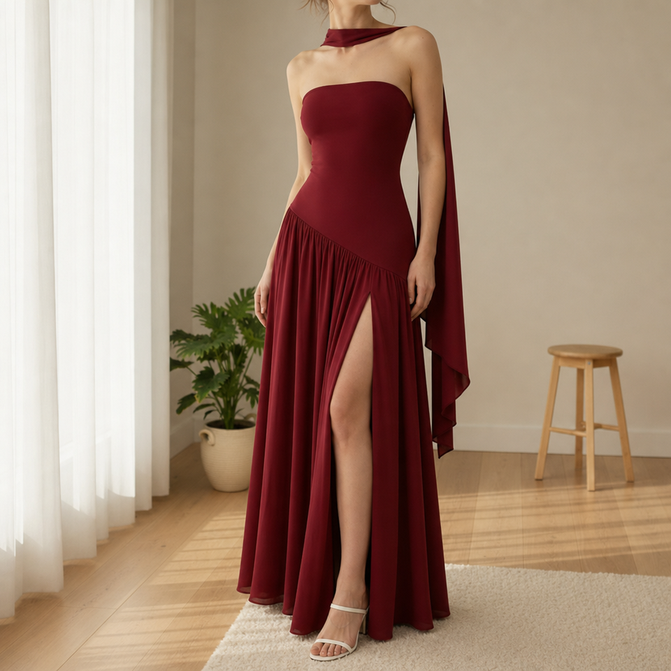 Formentor Strapless Slit Maxi Dress in Red