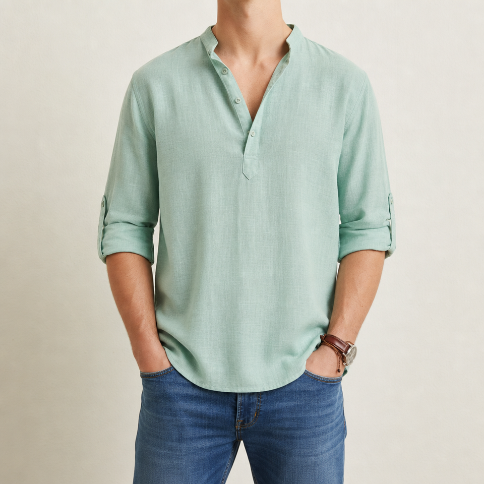 Apt Relaxed Linen Henley Shirt in Mint Green