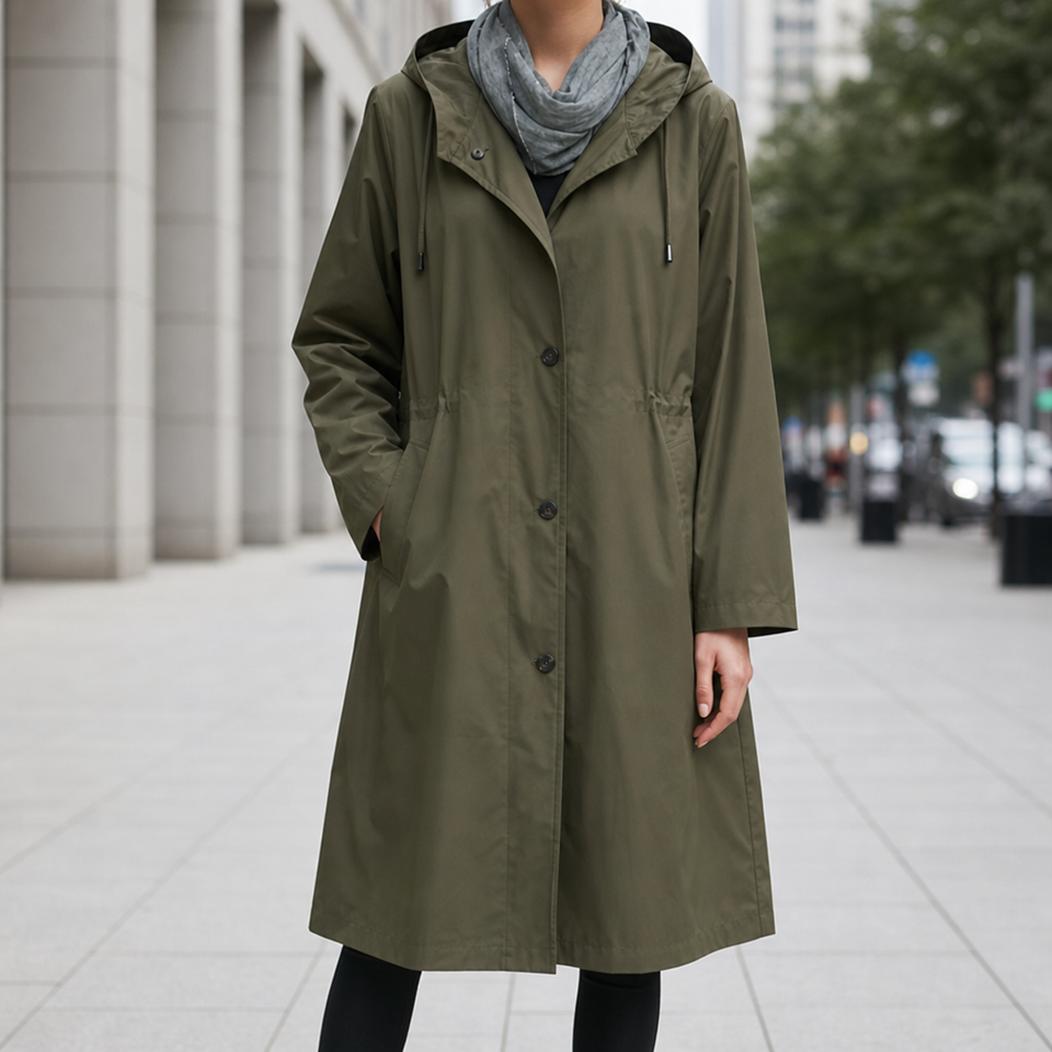 Frigiliana Hooded Longline Trench Coat in Olive Green