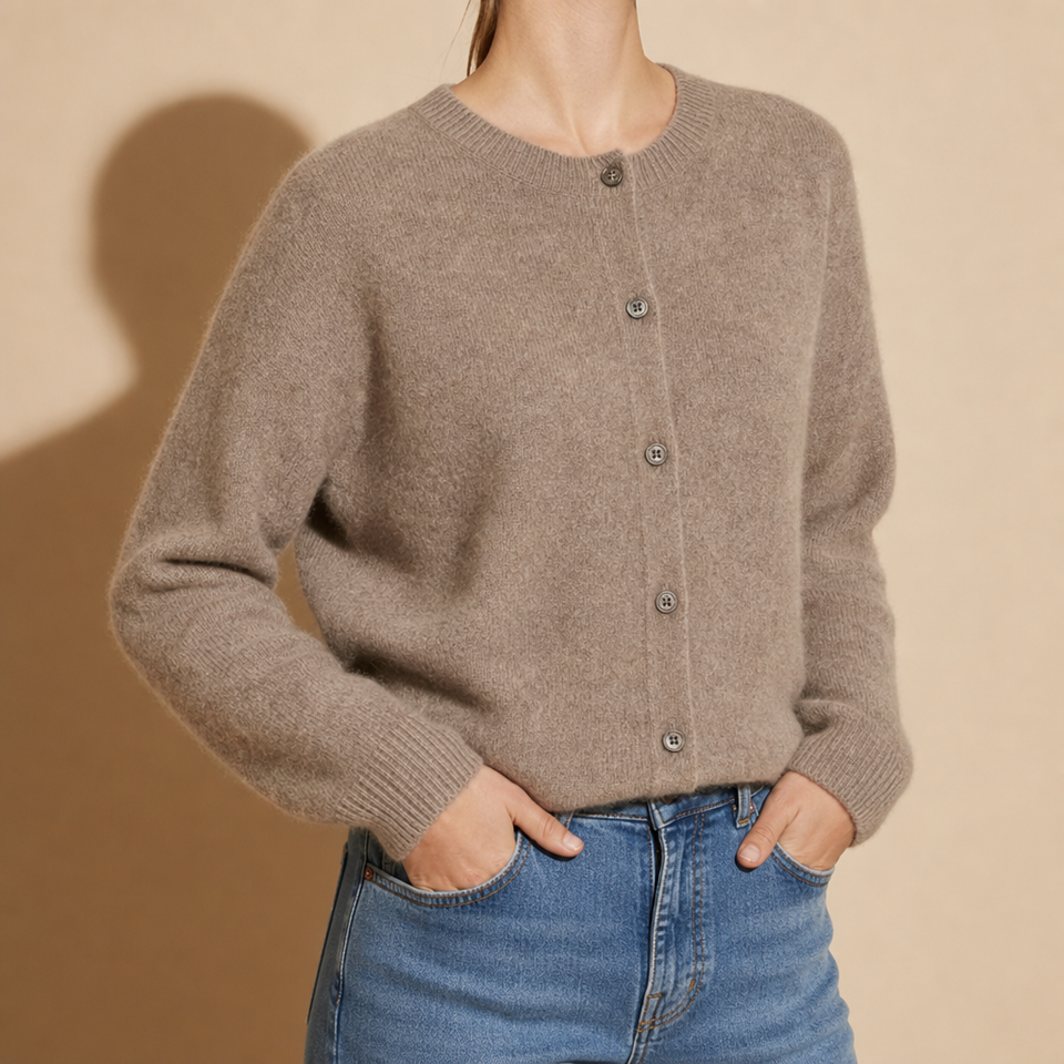 Ostuni Knit Button Cardigan in Taupe Brown